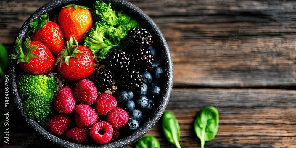 Fresh Healthy Mixed Fruit and Berry Salad in Bowl on Rustic Wood Surface Featuring Raspberries, Blueberries, Blackberries, Strawberries, Spinach for Wellness Diet