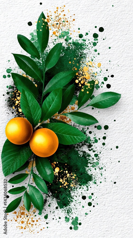 Vibrant Artistic Illustration with Fresh Juicy Oranges Deep Green Leaves Gold Accents and Paint Splashes Creative Healthy Nature Inspired Decorative Fruity Design