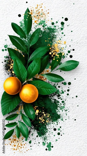 Obraz na płótnie Vibrant Artistic Illustration with Fresh Juicy Oranges Deep Green Leaves Gold Accents and Paint Splashes Creative Healthy Nature Inspired Decorative Fruity Design w salonie