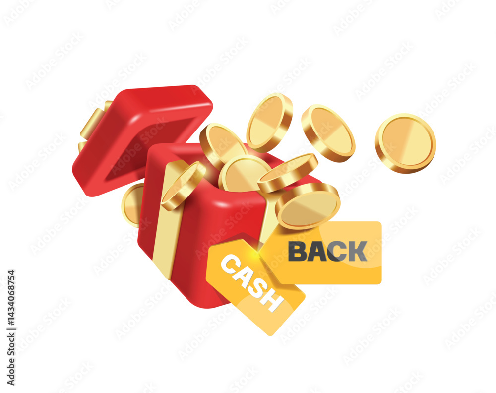 Gold or money dollar coins and promotional badges Cash Back floats out of the red gift box for advertising banner in campaign, the more you buy more you get a refund, vector 3d illustration isolated