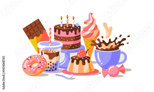 A modern vector-style illustration of various sweet desserts and drinks, easily editable.
