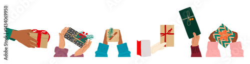 Different female and male hands holding gift boxes, Christmas presents isolated on transparent background, flat vector illustration. Xmas holiday, arms gives new year souvenirs.