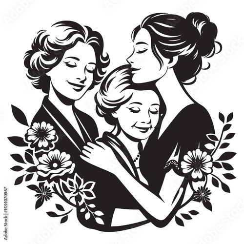 Three generations of women illustration for family love and mother's day celebration design art silhouette