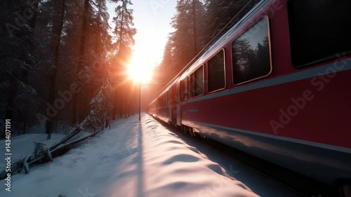 Red Train Traversing Snowy Forest Landscape at Sunset with Warm Light and Long Shadows photo