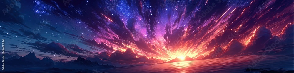 Stunning Panoramic Sunset Over Ocean with Dramatic Colorful Clouds Illuminating Sky in Deep Blue Purple Pink Oranges Majestic Nature Background Scenic Landscape