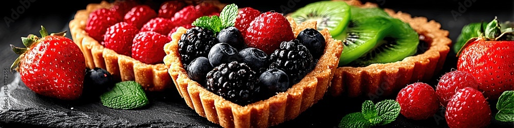 Delicious Heart Shaped Fruit Tarts with Fresh Raspberries, Blackberries, Blueberries and Kiwi Slices Beautiful Gourmet Dessert Food Photography Idea for Celebrations