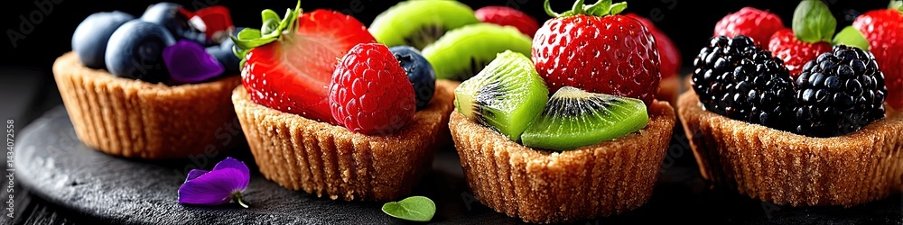 Delicious Homemade Fruit Tartlets with Fresh Strawberries, Blueberries, Kiwi, and Blackberries on Black Slate Tray for Dessert Parties and Gourmet Pastry Catering
