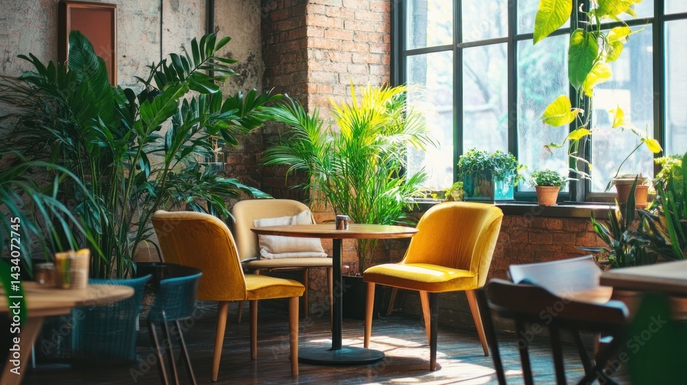 Sunlit cafe corner with yellow chairs, plants, and a small table. Sunlit cafe corner with yellow chairs, plants, and a small table.