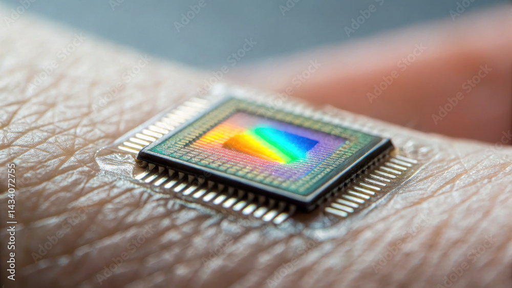 Close up view of microchip embedded translucent skin, showcasing intricate details and colorful spectrum. This innovative