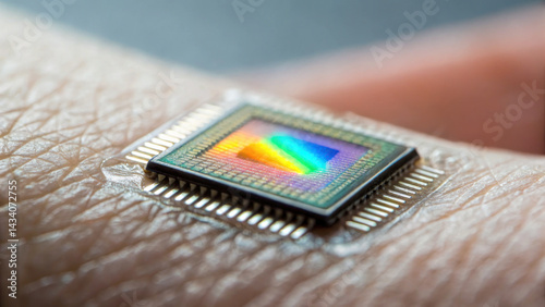 Obraz na płótnie Close up view of microchip embedded translucent skin, showcasing intricate details and colorful spectrum. This innovative w salonie