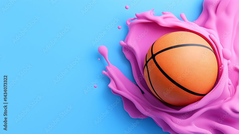 Fototapeta premium Orange Basketball in Pink Liquid Splash on Blue Background
