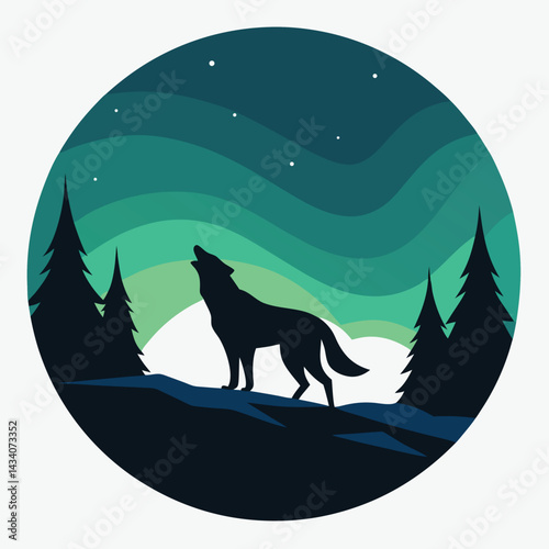 "Wolf silhouettes howling under moonlit skies with forest, mountain, and aurora backdrops, vector illustration"