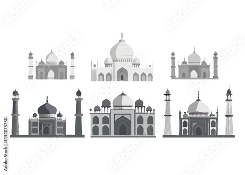 Clean vector artwork showing six Taj Mahals in a unique color scheme and minimalist style on white.