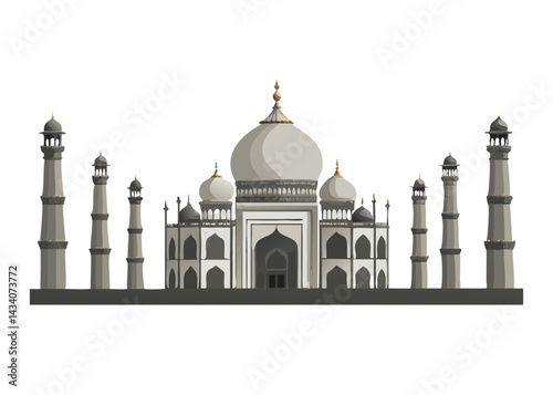 Minimal vector illustration of six Taj Mahal monuments with green domes on white background. Perfect for cultural, travel, or educational designs.

