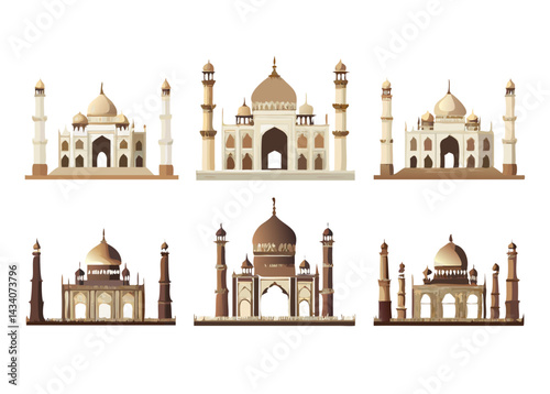  Elegant, clean-lined vector featuring six Taj Mahal views. Ideal for tourism, educational, and historical design projects.