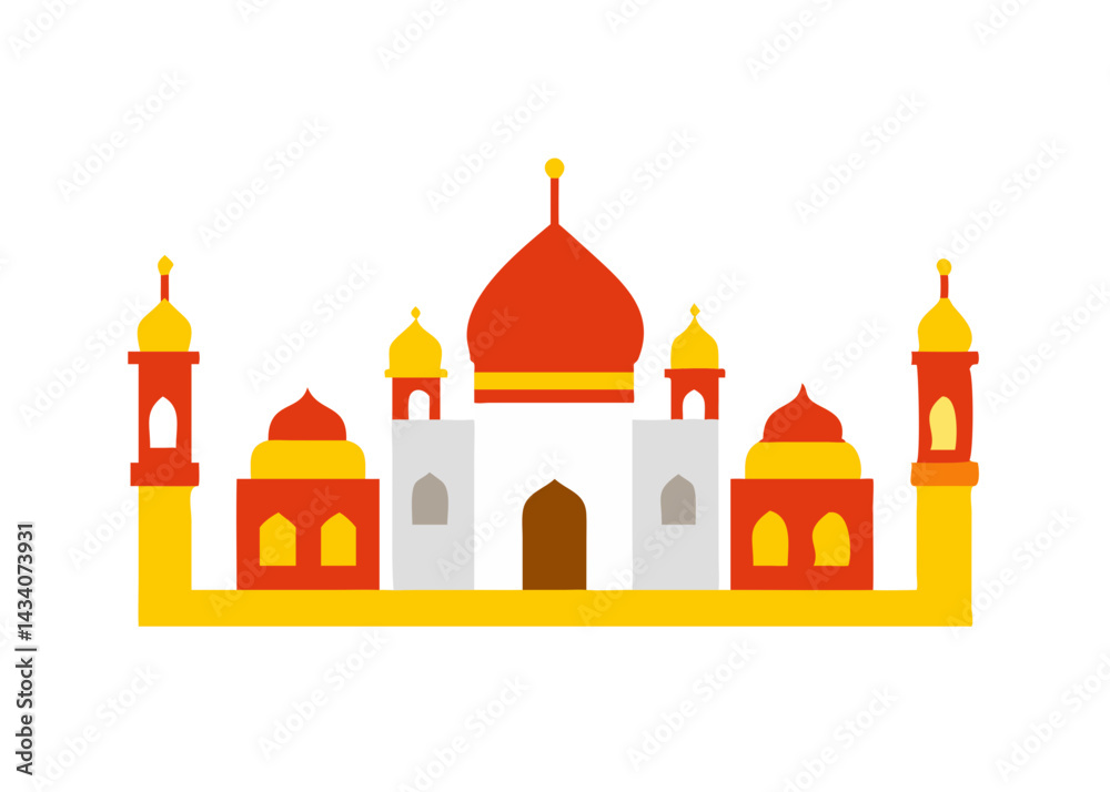 Clean vector artwork showing six Taj Mahals in a unique color scheme and minimalist style on white. Clean vector artwork showing six Taj Mahals in a unique color scheme and minimalist style on white.