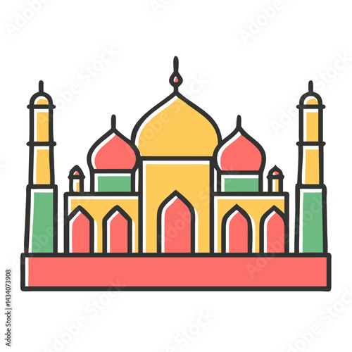 Six Taj Mahal vector illustrations with flat design, brown outlines, and green domes. Ideal for digital, editorial, and print.