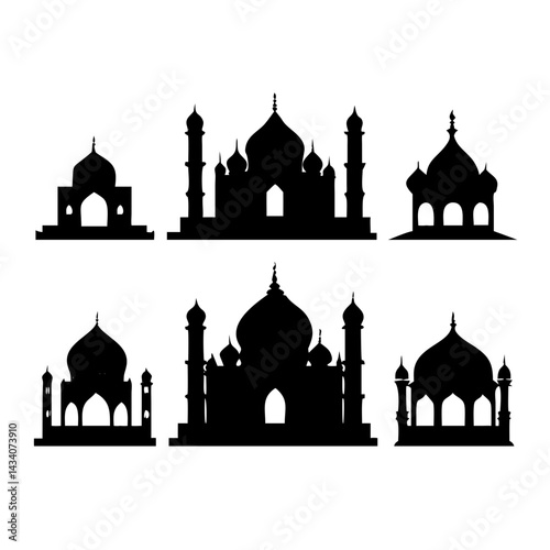 Six detailed Taj Mahal vector illustrations. Crisp and clean on white for use in digital or print templates.