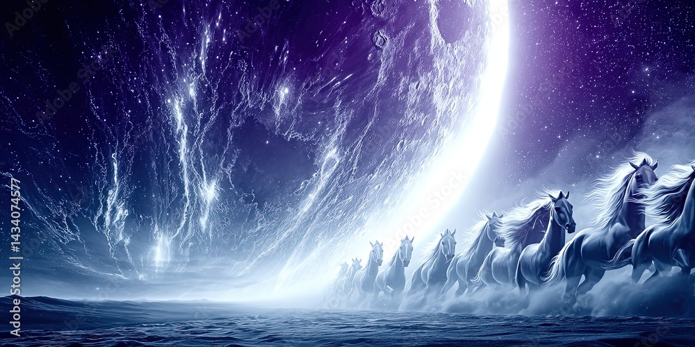 Majestic Fantasy Scene With Mystical Horses Galloping From Ocean Wave Under Dramatic Galactic Night Sky Celestial Lights Cosmic Magic Dreamy Spiritual Illustration