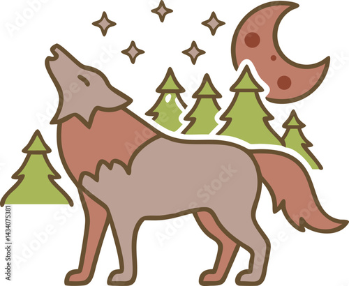 "Wolf silhouettes howling under moonlit skies with forest, mountain, and aurora backdrops, vector illustration"