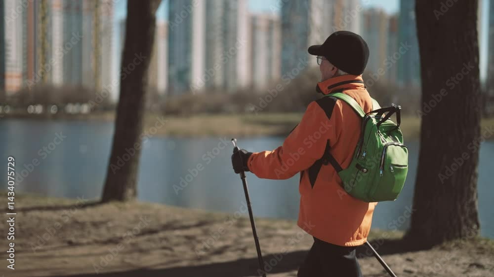 Healthy retired woman walking alone in park in sunny autumn day, urban view. Happiness and joy in old age, 60s woman practicing sport activity for save health of body and mind, nordic walking, old age