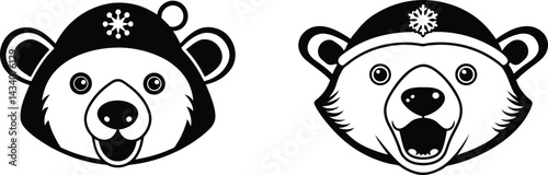 set of cute panda bear face with wearing christmas hat silhouette vector icon set, smiley face illustration set, vector illustration of bear head.