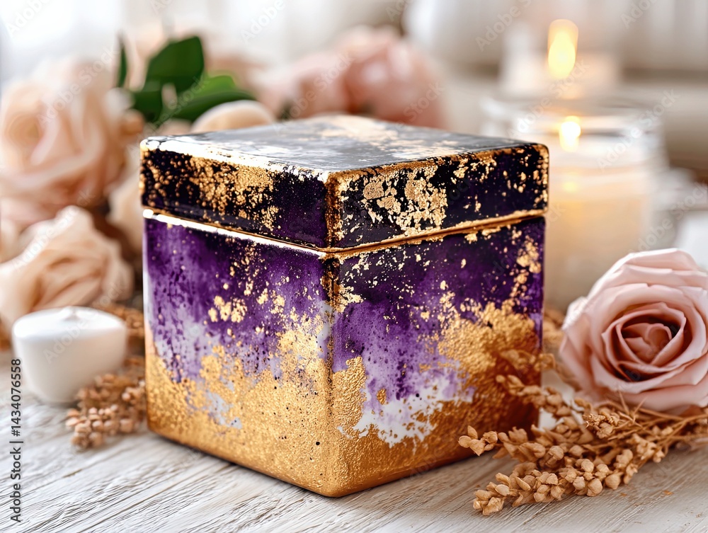 Luxurious Purple and Gold Decorative Box Surrounded by Soft Pink Roses, Elegant Candles and Greenery, Ideal for Weddings, Gifts, Home Decor and Romantic Celebrations