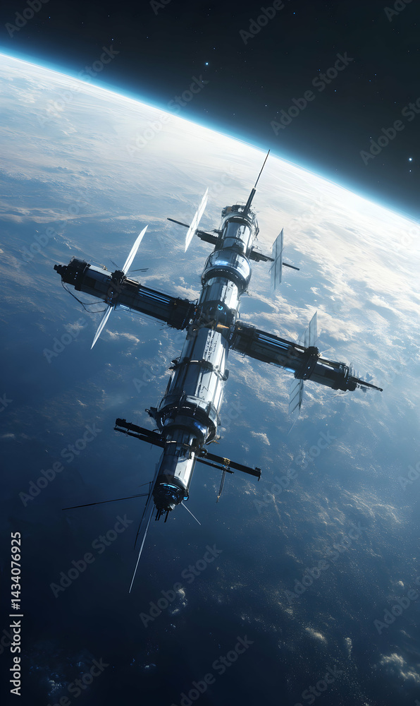 Naklejka premium A futuristic exploration hub orbiting earth showcases humanity's advanced endeavors in space exploration