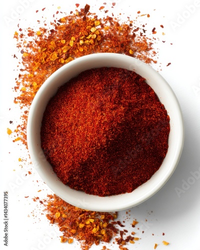 Fototapeta Naklejka Na Ścianę i Meble -  Vibrant chili powder in a white bowl with scattered flakes on a clean white background adds spice and flavor to culinary dishes showcasing a top down view