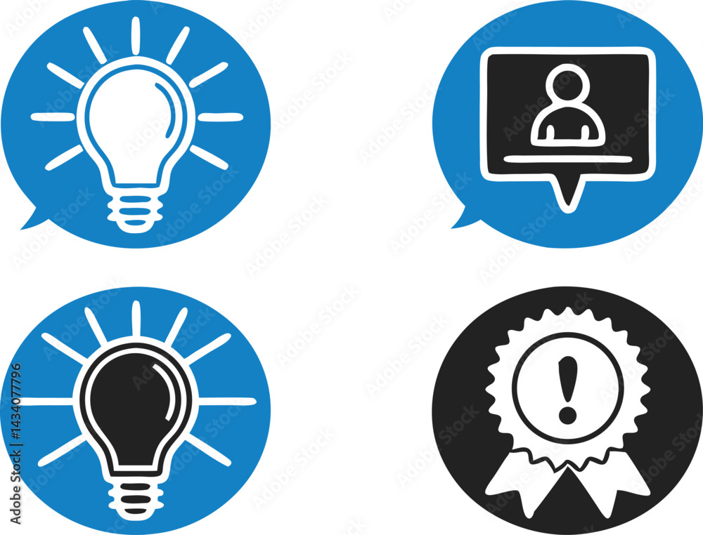 Vector icon design featuring idea symbol, light bulb, speech bubble, user profile, and award badge in minimalist flat style Vector icon design featuring idea symbol, light bulb, speech bubble, user profile, and award badge in minimalist flat style