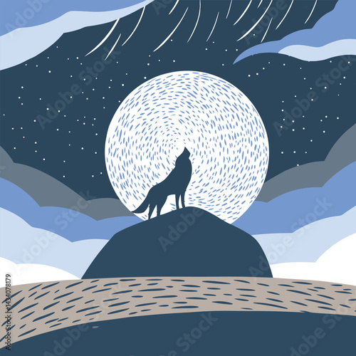 "Wolf silhouettes howling under moonlit skies with forest, mountain, and aurora backdrops, vector illustration"