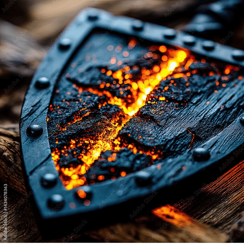 Ancient Medieval Shield Glowing with fiery Lava and Molten Metal Detail Fantasy Weapon for Gaming Epic Battle and Warrior Combat Adventure Game Concept and Design
