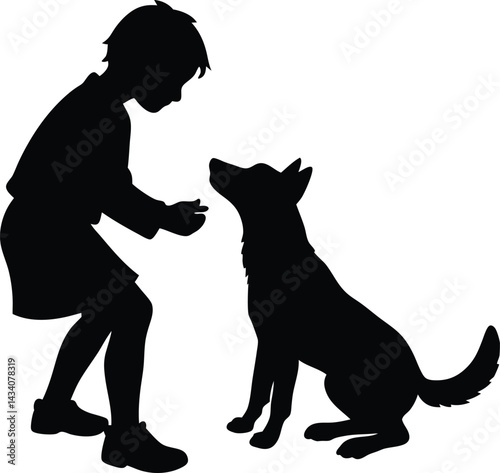 Silhouette Child Giving Treat To Dog Sitting Patiently on Transparent Background