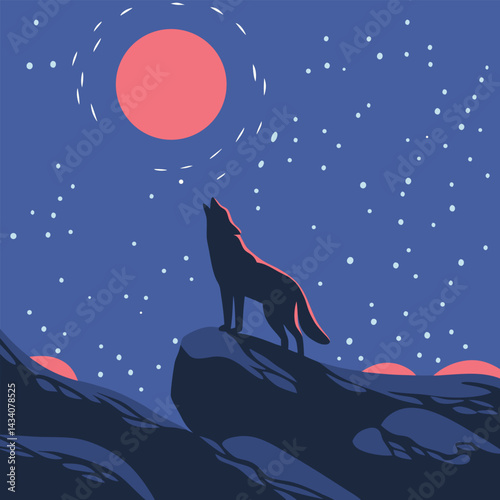 "Wolf silhouettes howling under moonlit skies with forest, mountain, and aurora backdrops, vector illustration"