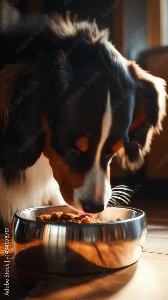 Tricolor dog eating food from stainless steel bowl in warm light, tricolor dog eating calmly from shiny bowl, tricolor dog eating while ears twitch and eyes blink softly