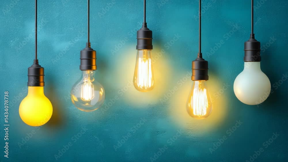 Row of diverse hanging light bulbs against textured teal wall. Warm glow, Edison style and modern bulbs. Creative lighting concept. Row of diverse hanging light bulbs against textured teal wall. Warm glow, Edison style and modern bulbs. Creative lighting concept.