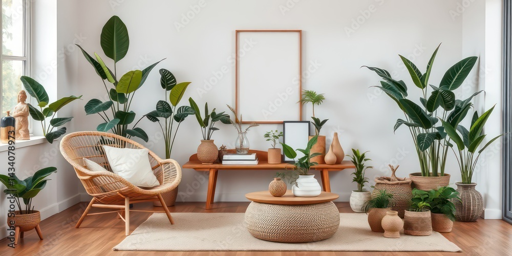 Fototapeta premium Relaxing Bohemian Living Room Decor with Woven Furniture and Lush Greenery