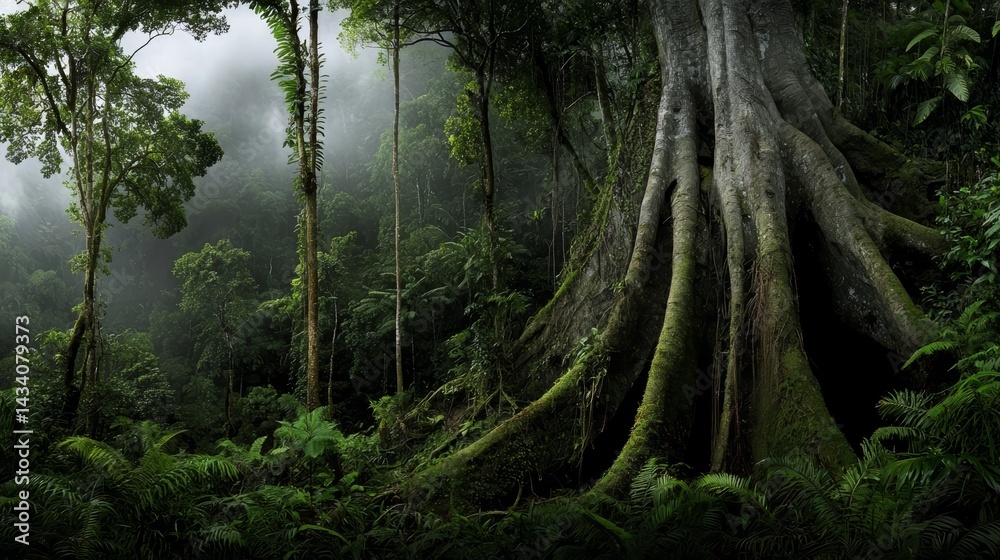 Fototapeta premium Large tree with moss growing on it in a forest. The forest is lush and green, with a misty atmosphere