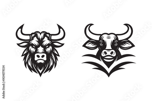 Bull and Cow Head Silhouette Vector – Tribal Style Design.