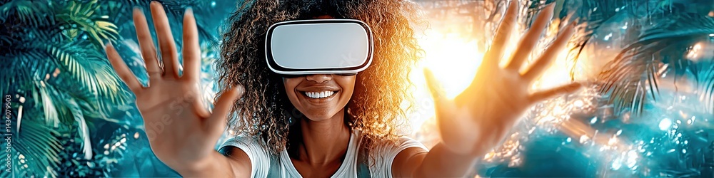 Excited Smiling Woman Using Virtual Reality Headset Exploring Tropical Nature Virtual Experience Futuristic Technology Concept Immersive VR Adventure and Simulation