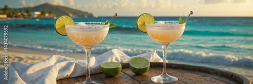Obraz na płótnie Daiquiri cocktail on a table with stunning seascape of Cuba in the background w salonie