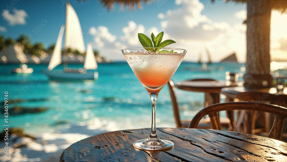 Daiquiri cocktail on a table with stunning seascape of Cuba in the background