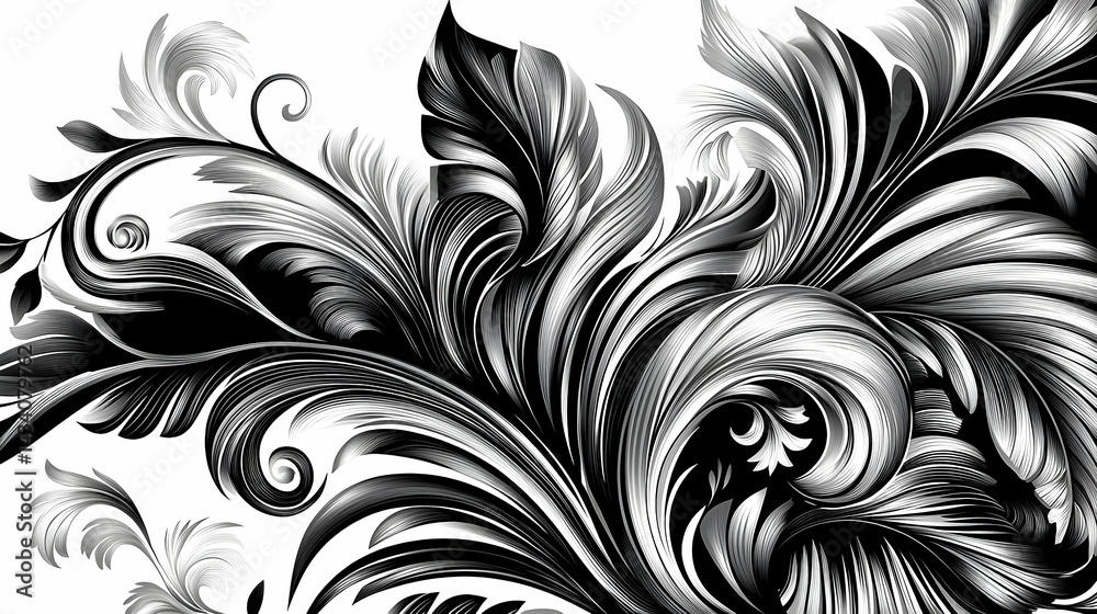 Ornate floral design with stylized leaves and scrolls.