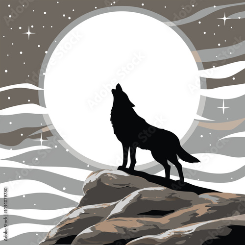 "Wolf silhouettes howling under moonlit skies with forest, mountain, and aurora backdrops, vector illustration"