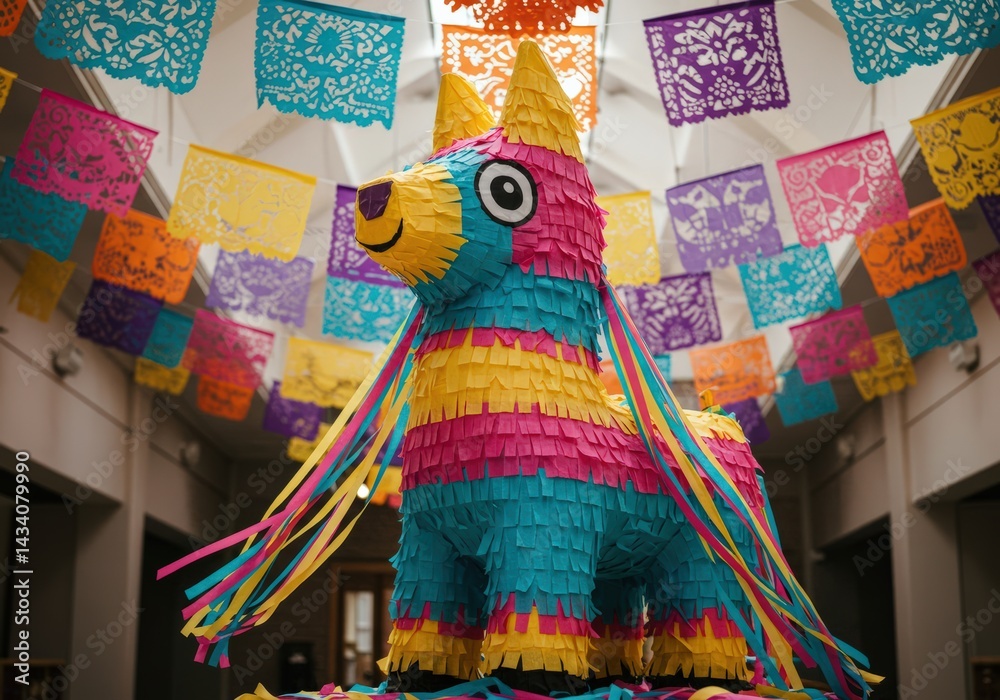 Naklejka premium A cheerful, brightly colored llama piñata stands amid festive papel picado banners, ready for a party.