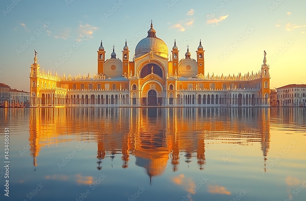 Fototapeta premium Venice architecture reflected on water surface at sunset with golden light