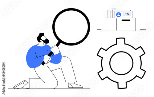 Person holding a magnifying glass, document folders marked CV, and a gear. Ideal for recruitment, human resources, job search, talent acquisition, workflow, career planning simple landing page