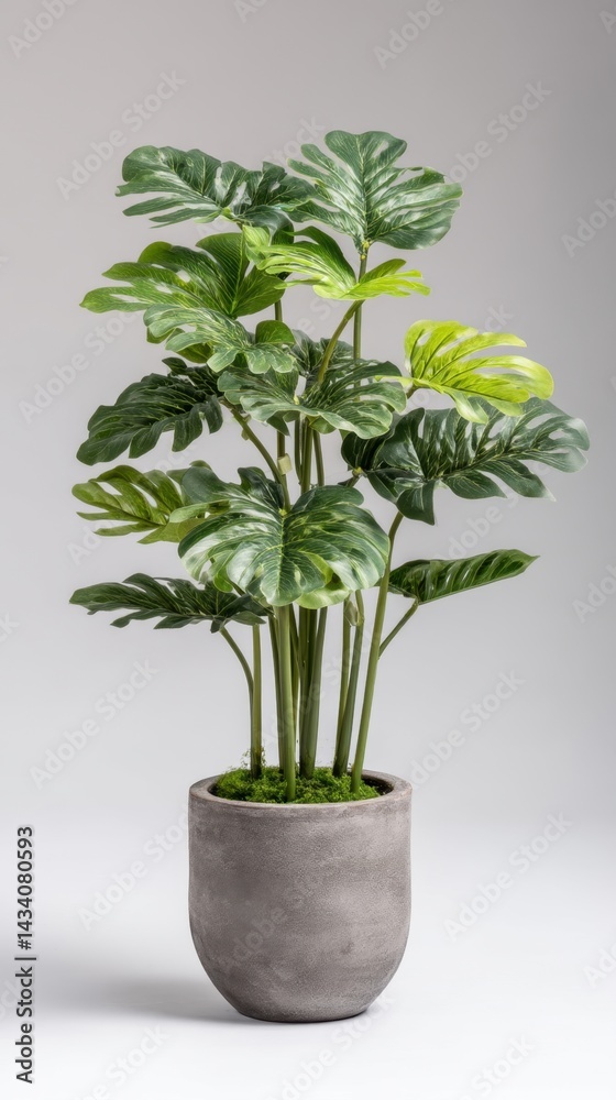 Obraz premium Elegant monstera deliciosa plant in a grey pot against a clean backdrop showcasing botanical beauty indoor decor and minimalist design for modern homes