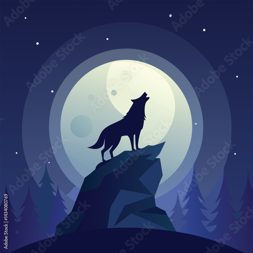 "Wolf silhouettes howling under moonlit skies with forest, mountain, and aurora backdrops, vector illustration"