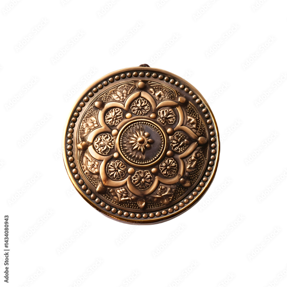 Antique Gold Metal Button with Intricate Floral Design on transparent background Antique Gold Metal Button with Intricate Floral Design on transparent background